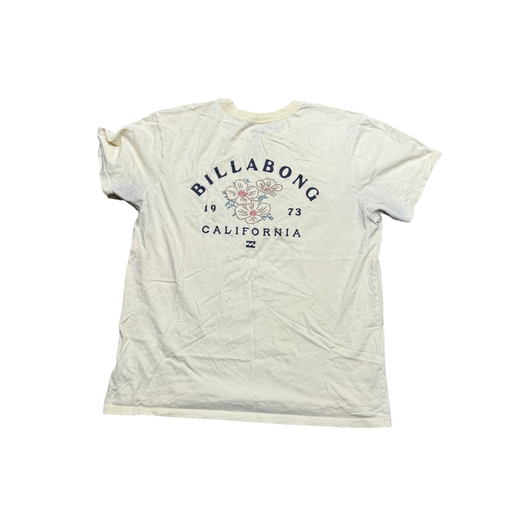 Billabong California Graphic T-Shirt Mens Large White Flowers Surf Short Sleeve