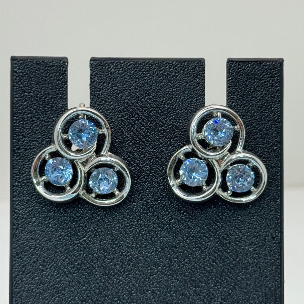 Trifari Baby Blue Rhinestone Circles Silver-Tone Clip-On Earrings Signed Retro