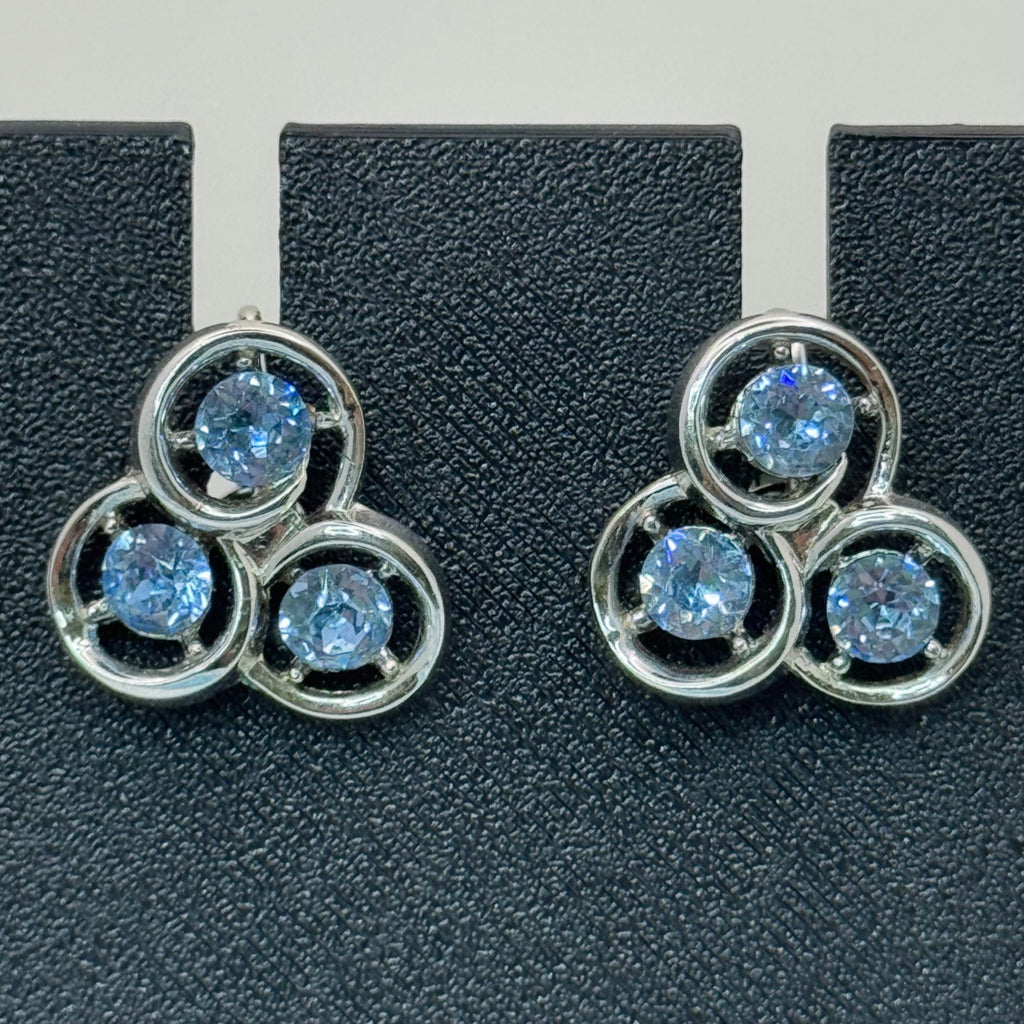 Trifari Baby Blue Rhinestone Circles Silver-Tone Clip-On Earrings Signed Retro