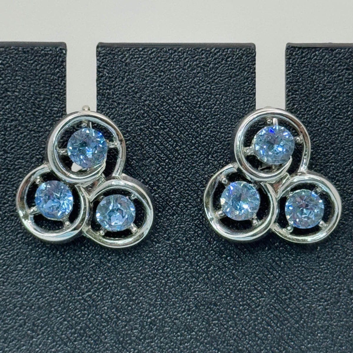 Trifari Baby Blue Rhinestone Circles Silver-Tone Clip-On Earrings Signed Retro