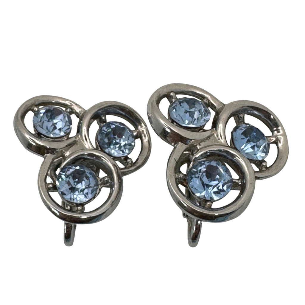 Trifari Baby Blue Rhinestone Circles Silver-Tone Clip-On Earrings Signed Retro