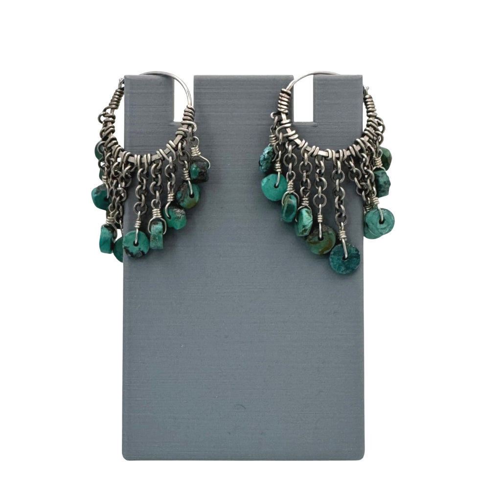 Chandelier Dangle Beaded Turquoise Drop Sterling Silver Chain Hoop Earrings 2"
