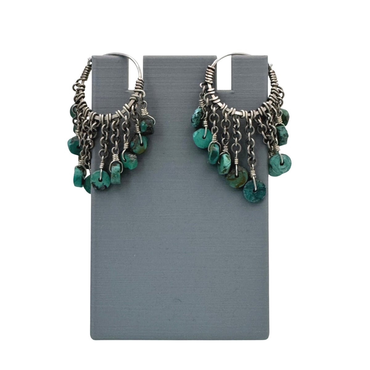 Chandelier Dangle Beaded Turquoise Drop Sterling Silver Chain Hoop Earrings 2"