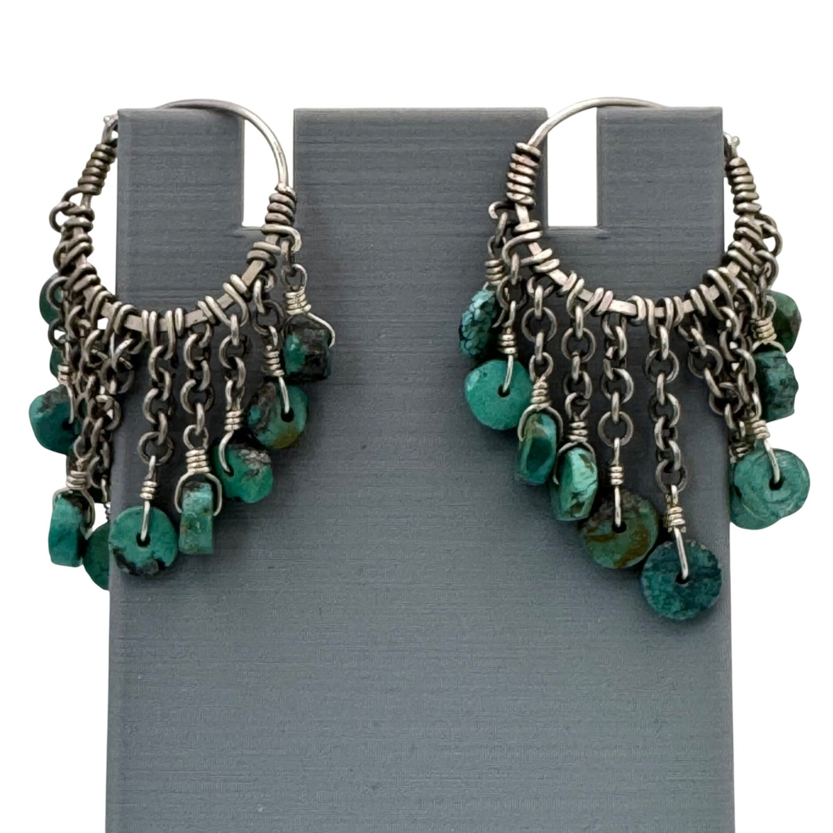 Chandelier Dangle Beaded Turquoise Drop Sterling Silver Chain Hoop Earrings 2"