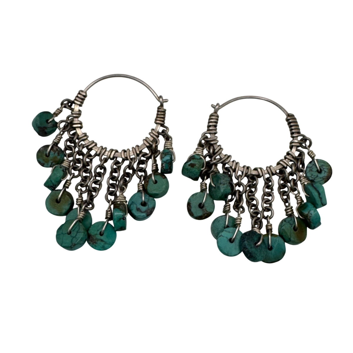 Chandelier Dangle Beaded Turquoise Drop Sterling Silver Chain Hoop Earrings 2"