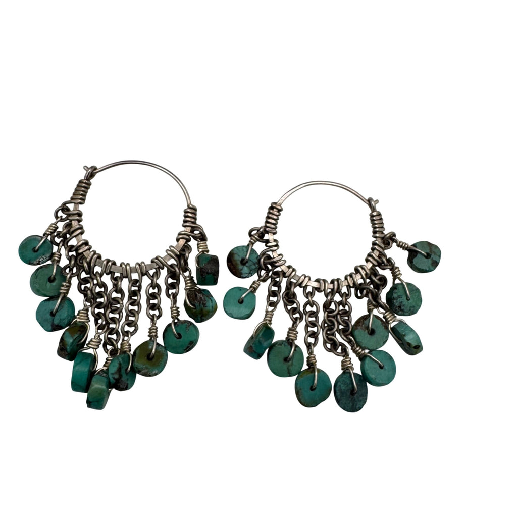 Chandelier Dangle Beaded Turquoise Drop Sterling Silver Chain Hoop Earrings 2"