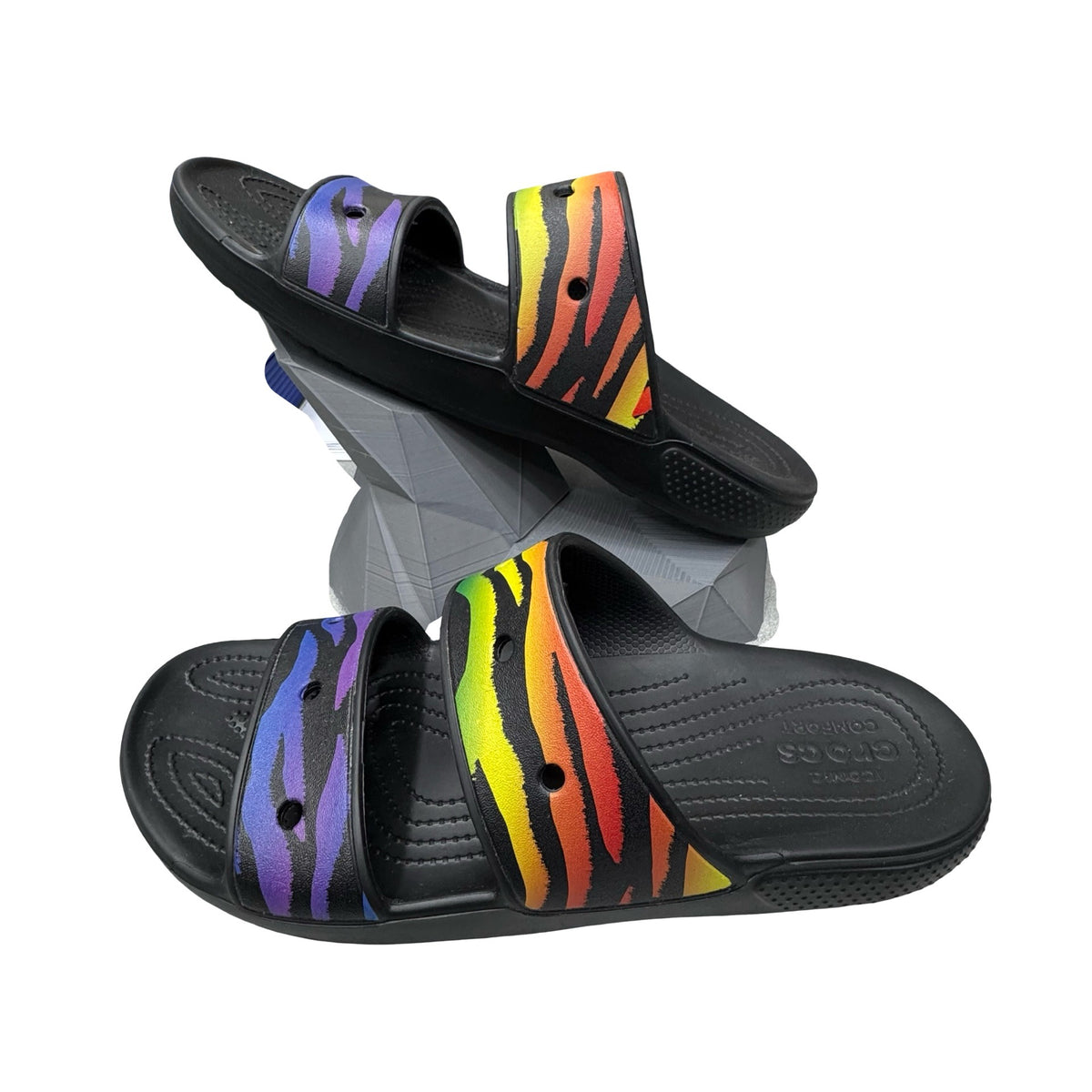Colorful Crocs Mens Tiger Rainbow Pride Slide Sandals M 12 Black Stripes Summer