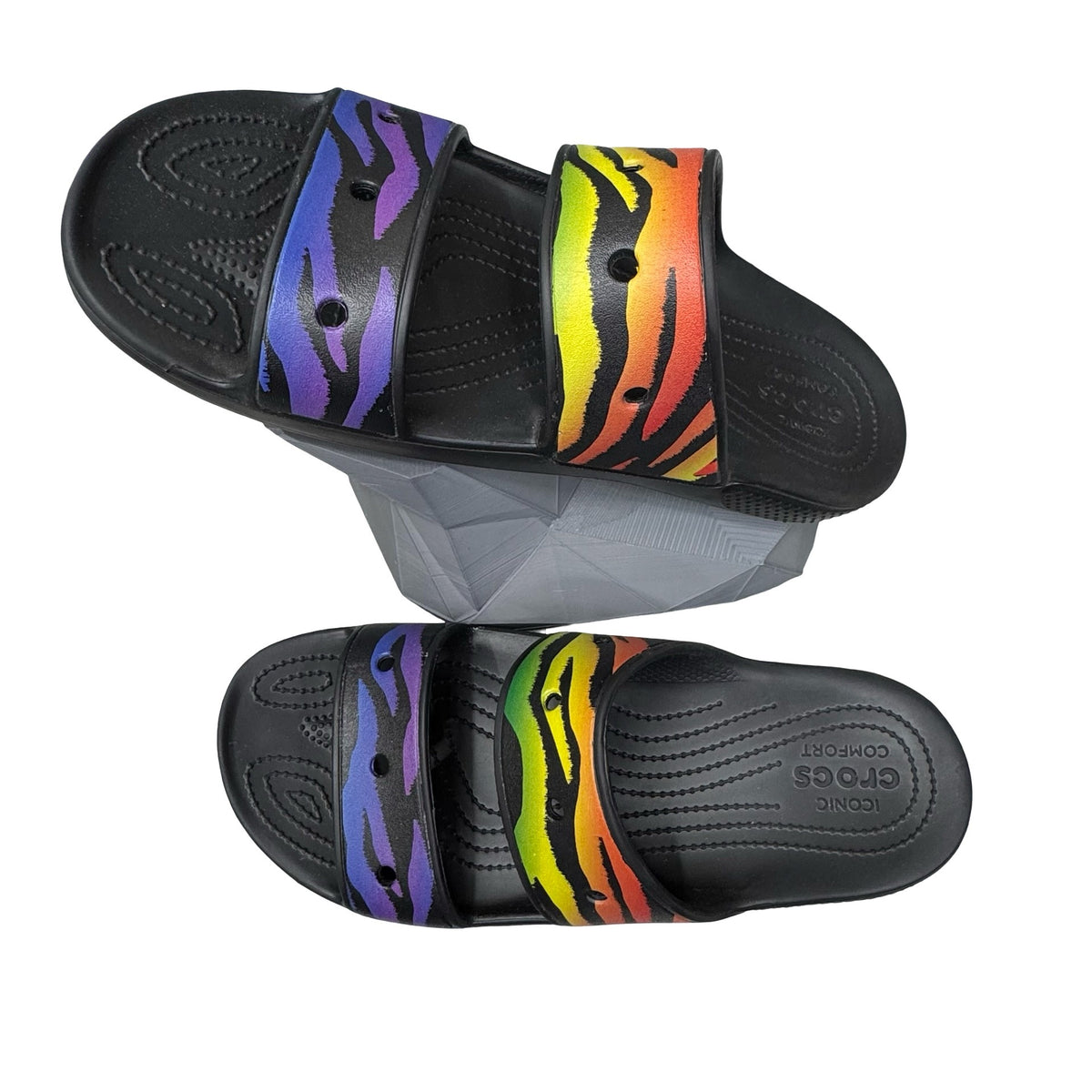 Colorful Crocs Mens Tiger Rainbow Pride Slide Sandals M 12 Black Stripes Summer