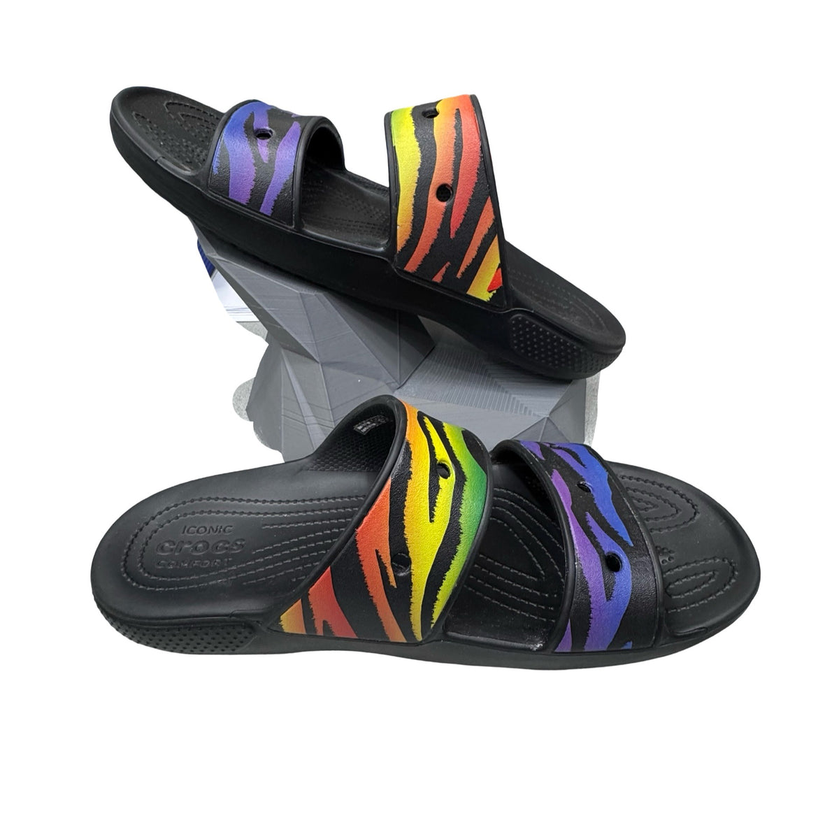 Colorful Crocs Mens Tiger Rainbow Pride Slide Sandals M 12 Black Stripes Summer