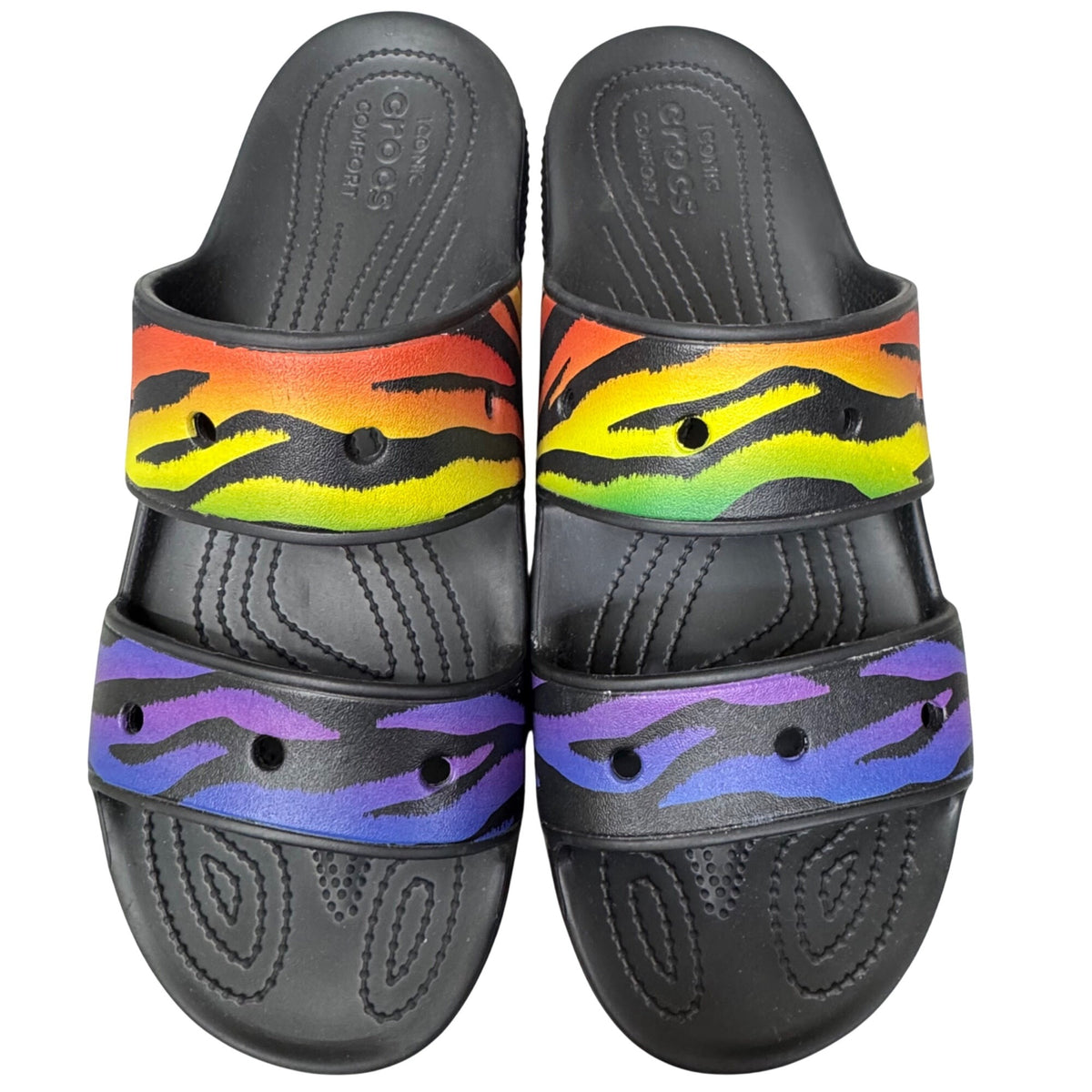 Colorful Crocs Mens Tiger Rainbow Pride Slide Sandals M 12 Black Stripes Summer