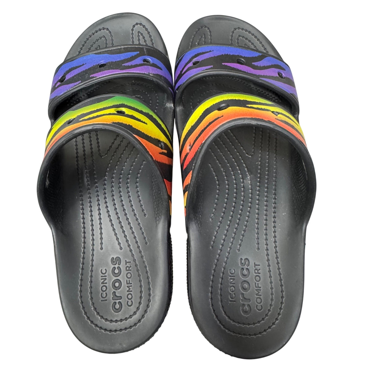 Colorful Crocs Mens Tiger Rainbow Pride Slide Sandals M 12 Black Stripes Summer