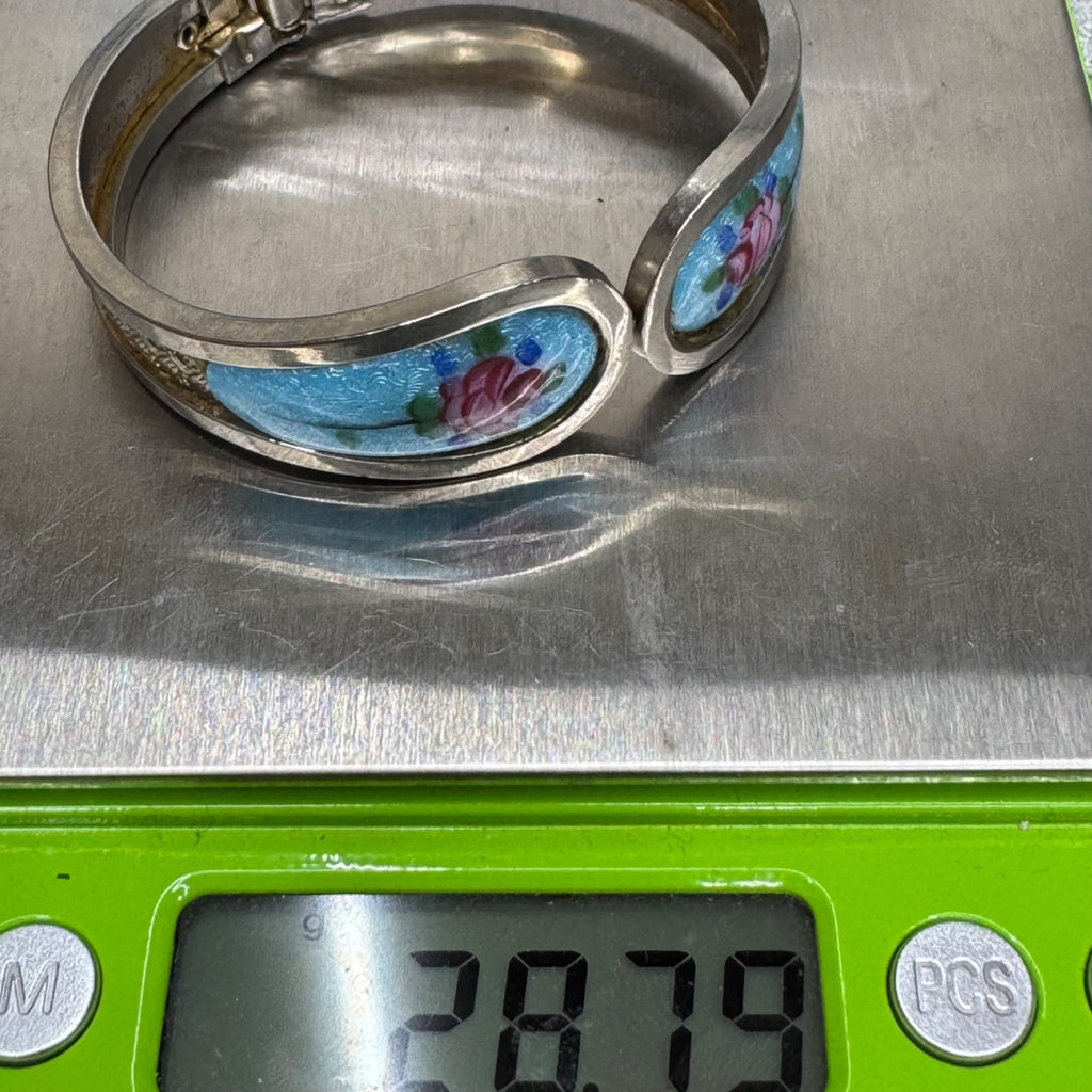Vintage Silver Guilloche Blue Enamel Bracelet Rose Floral Clamper 6" Art Deco