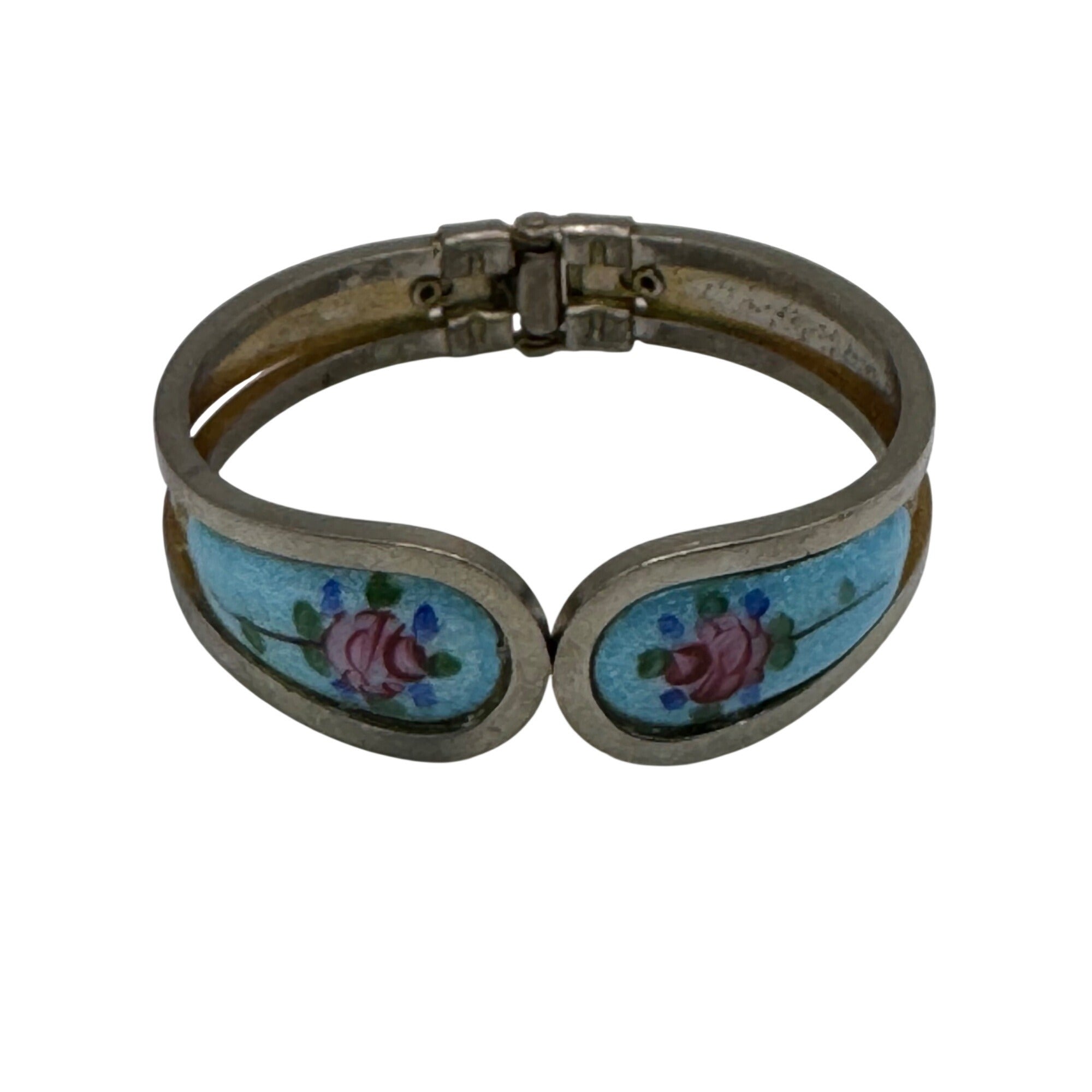 Vintage Silver Guilloche Blue Enamel Bracelet Rose Floral Clamper 6" Art Deco