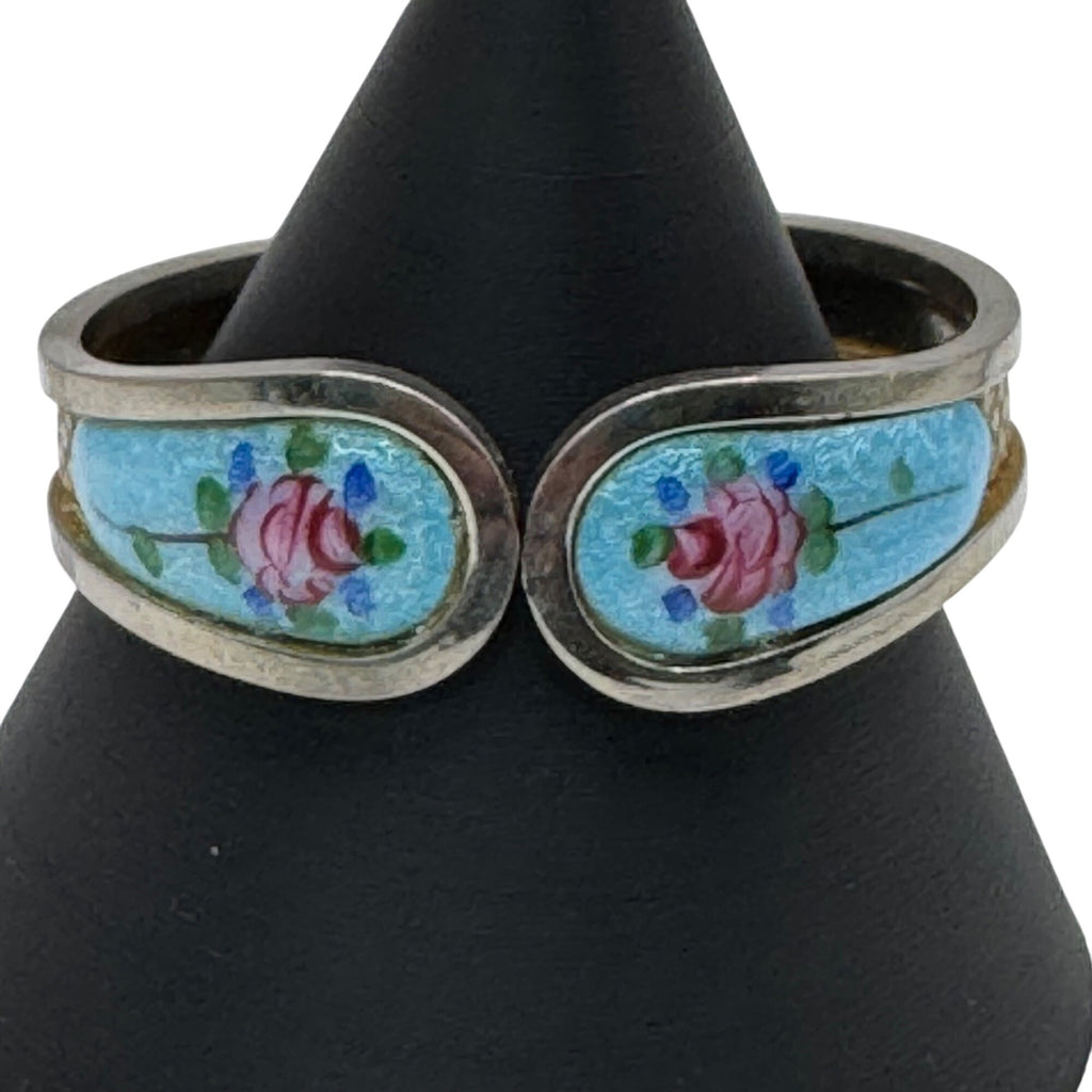 Vintage Silver Guilloche Blue Enamel Bracelet Rose Floral Clamper 6" Art Deco