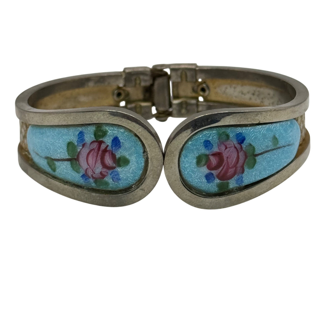 Vintage Silver Guilloche Blue Enamel Bracelet Rose Floral Clamper 6" Art Deco