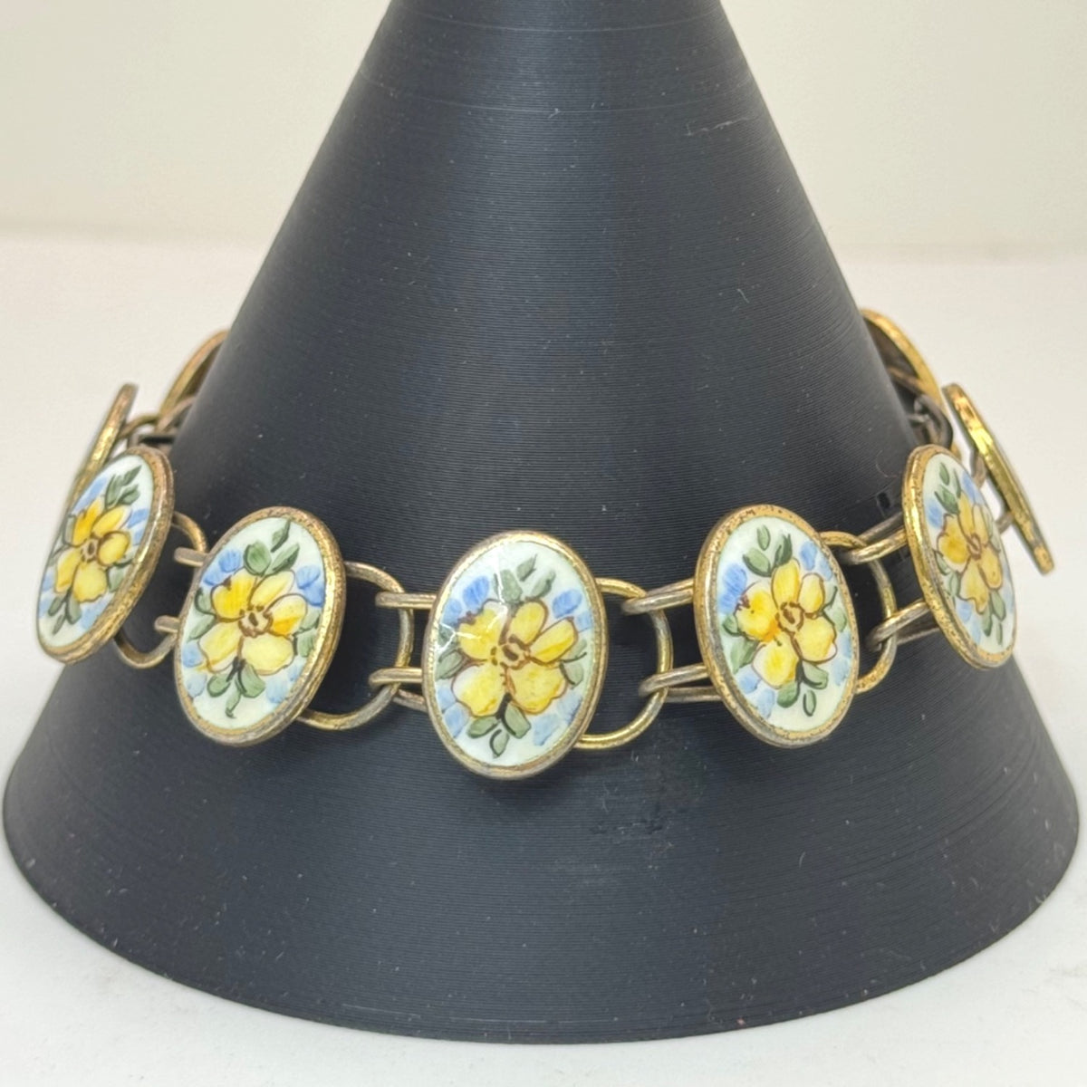 Bliss Brothers Sterling Oval Enamel Tennis Yellow Flowers Rose Bracelet Vintage