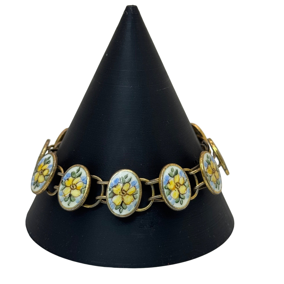 Bliss Brothers Sterling Oval Enamel Tennis Yellow Flowers Rose Bracelet Vintage