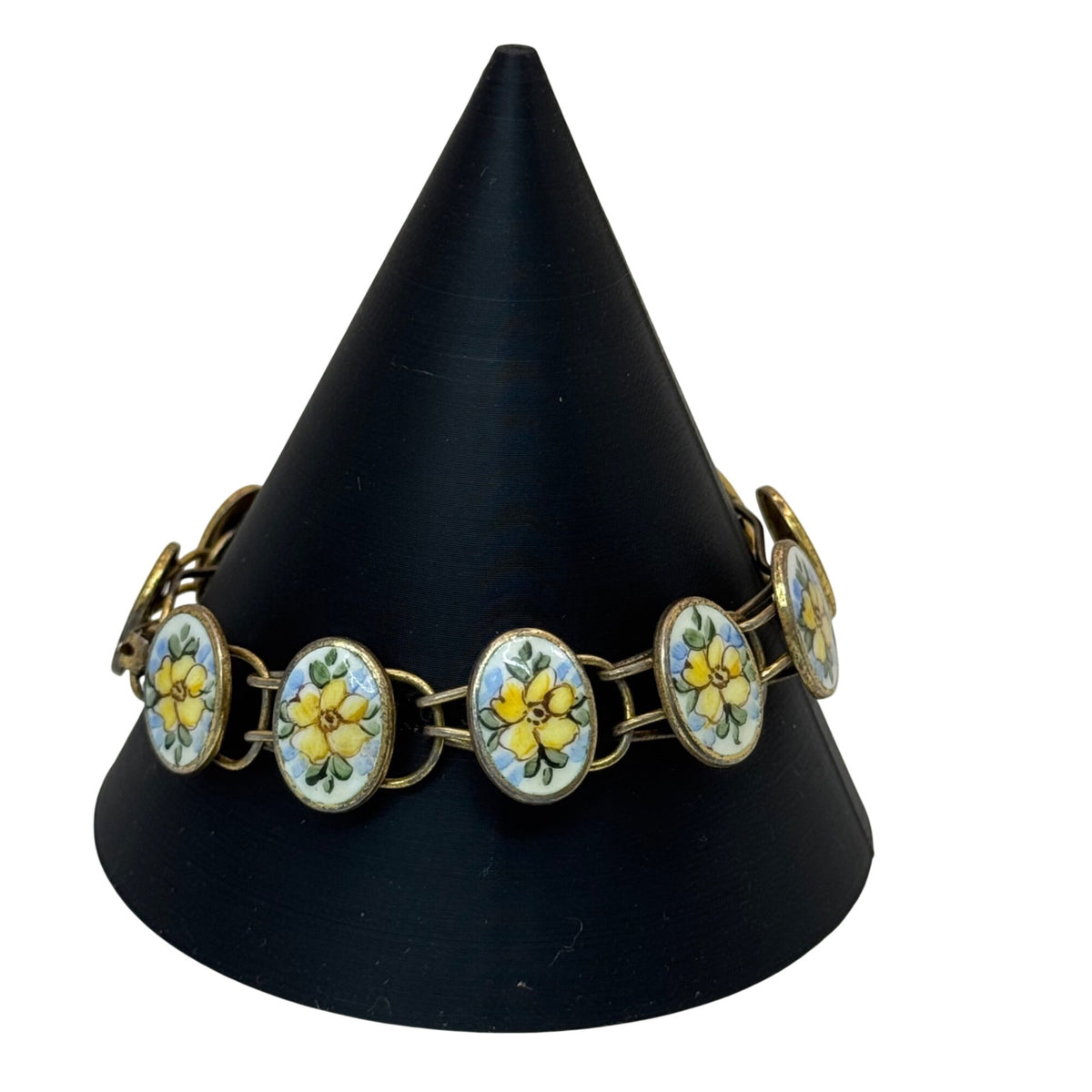 Bliss Brothers Sterling Oval Enamel Tennis Yellow Flowers Rose Bracelet Vintage