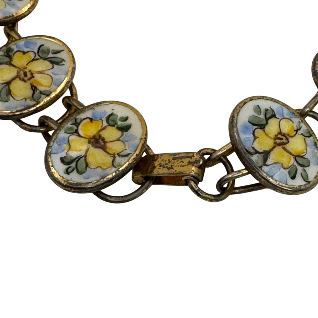 Bliss Brothers Sterling Oval Enamel Tennis Yellow Flowers Rose Bracelet Vintage