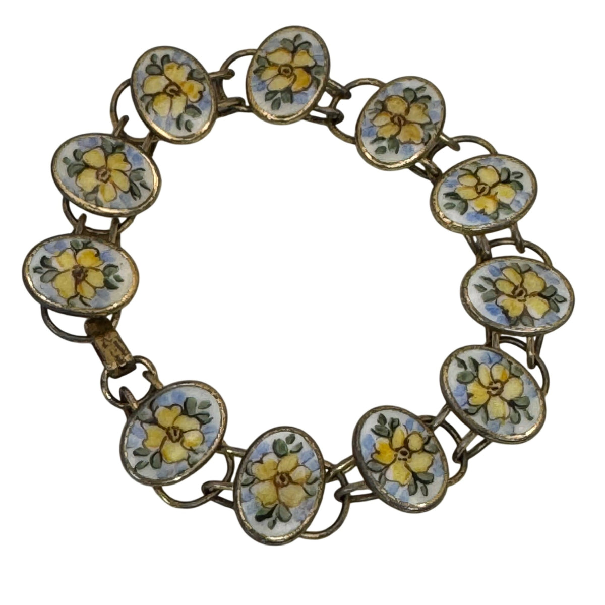Bliss Brothers Sterling Oval Enamel Tennis Yellow Flowers Rose Bracelet Vintage