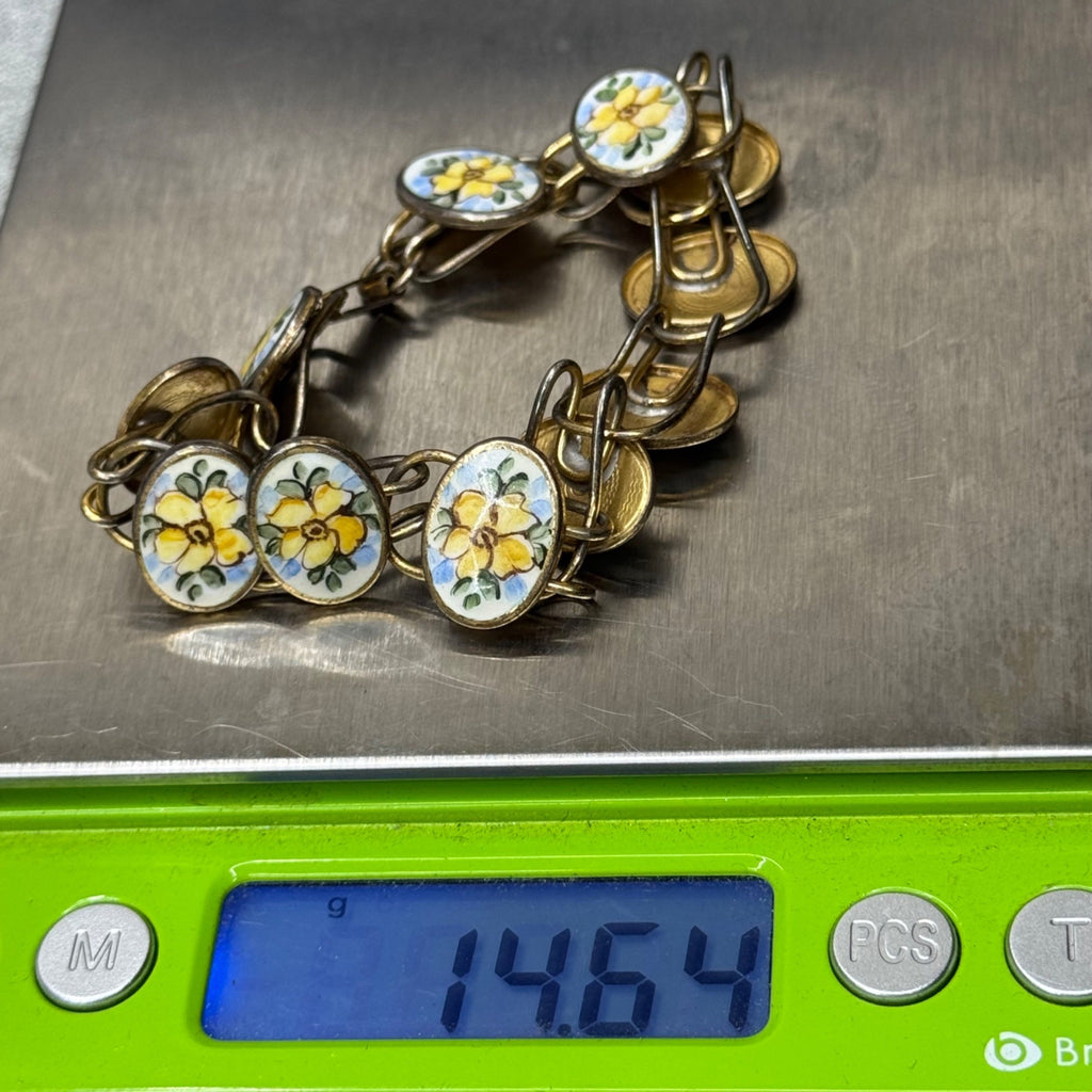 Bliss Brothers Sterling Oval Enamel Tennis Yellow Flowers Rose Bracelet Vintage