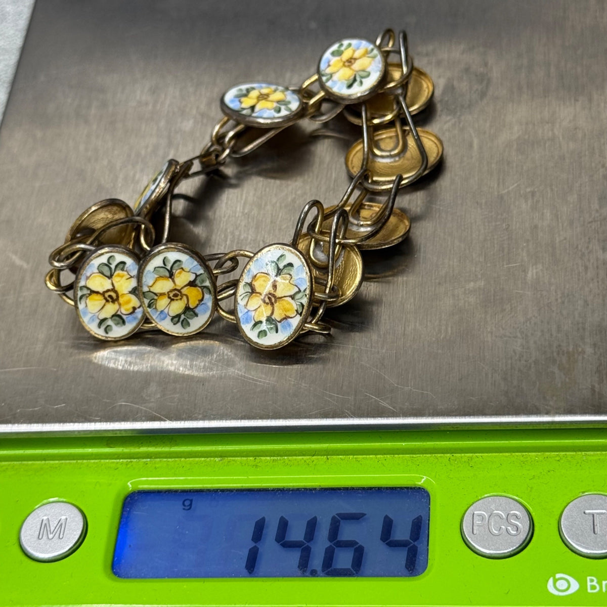 Bliss Brothers Sterling Oval Enamel Tennis Yellow Flowers Rose Bracelet Vintage