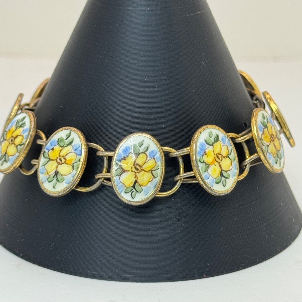 Bliss Brothers Sterling Oval Enamel Tennis Yellow Flowers Rose Bracelet Vintage