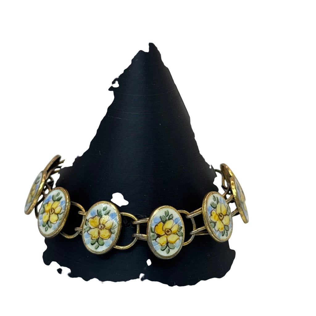 Bliss Brothers Sterling Oval Enamel Tennis Yellow Flowers Rose Bracelet Vintage