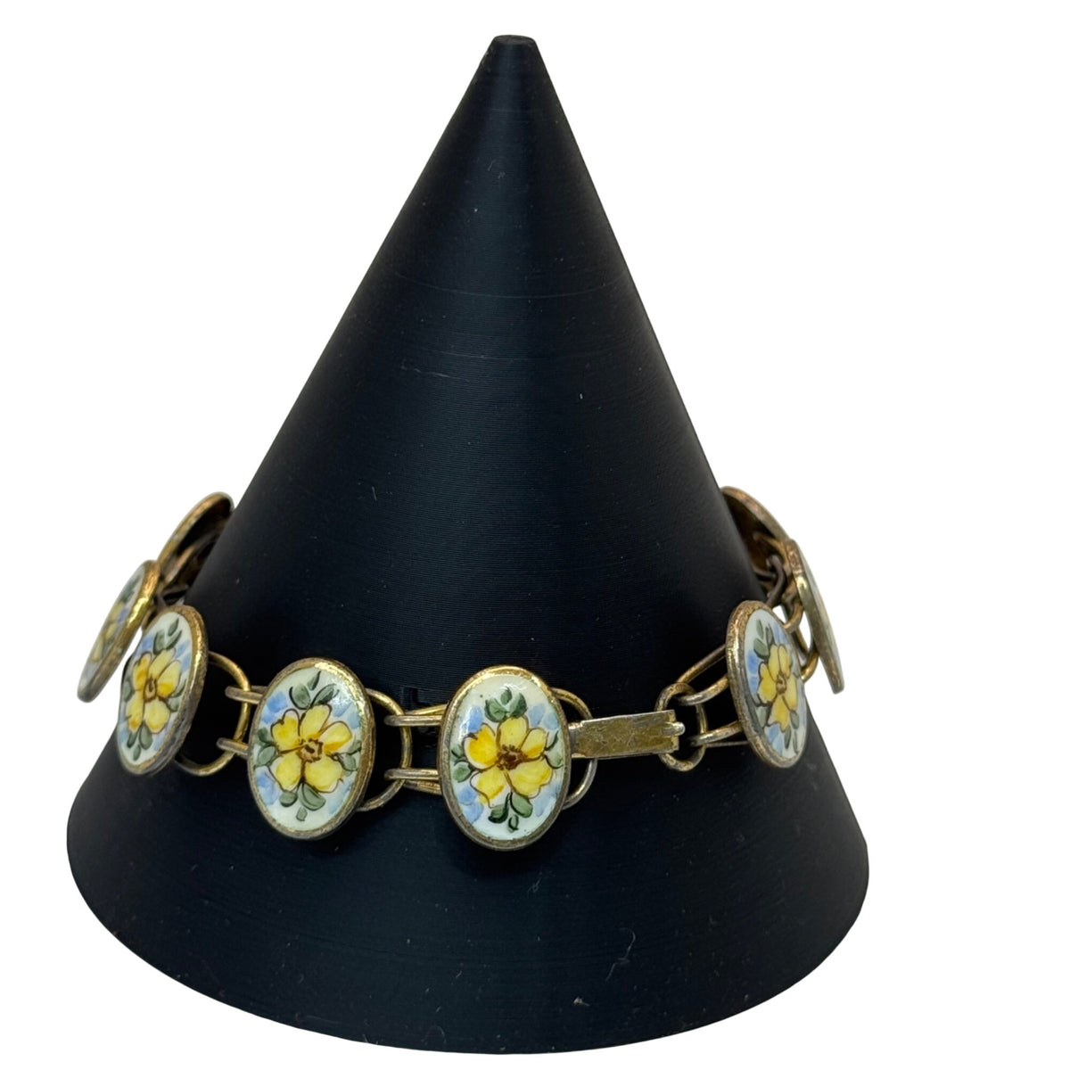 Bliss Brothers Sterling Oval Enamel Tennis Yellow Flowers Rose Bracelet Vintage
