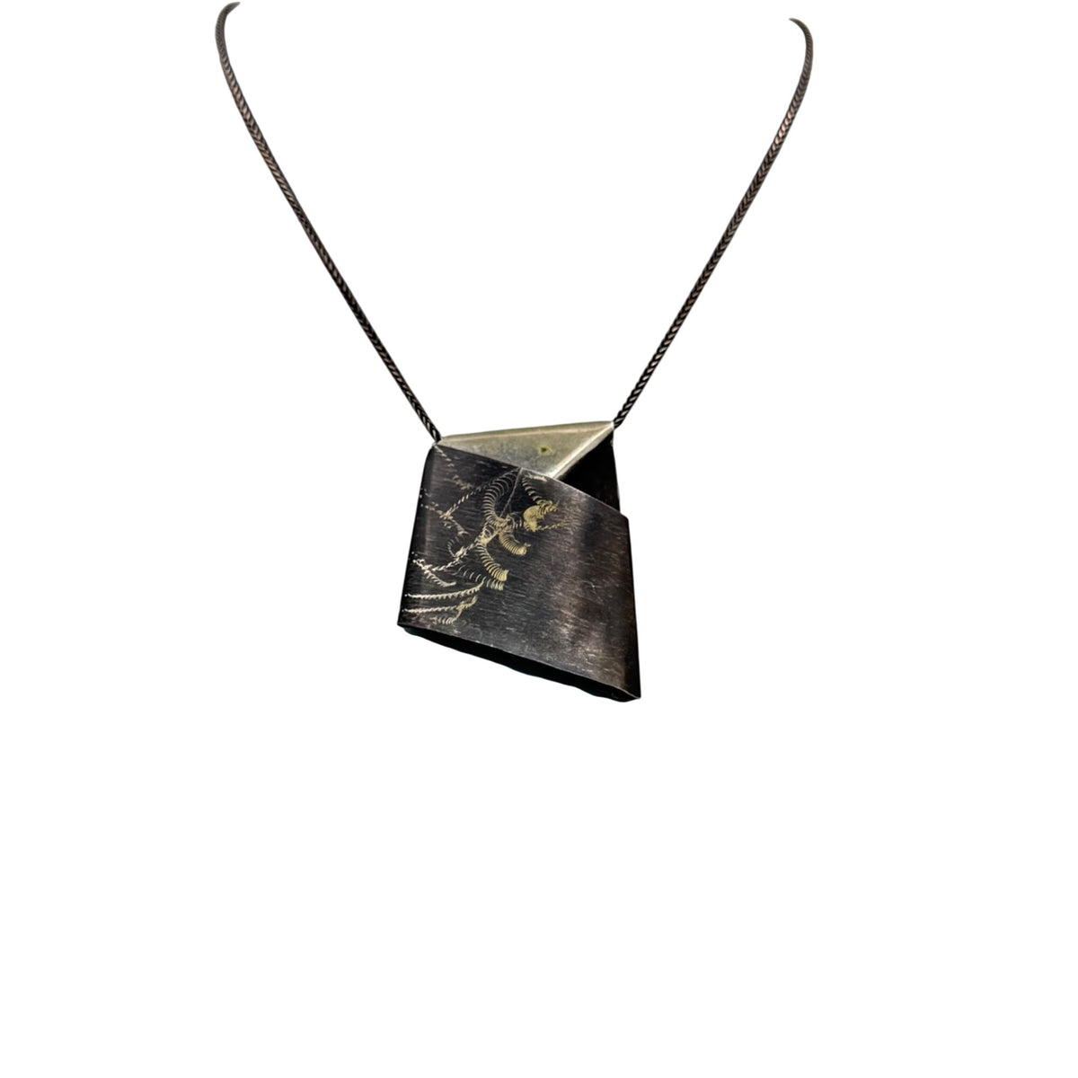 Abstract Signed Sterling Silver Pendant Necklace Folded Etched 925 Italy Chain
