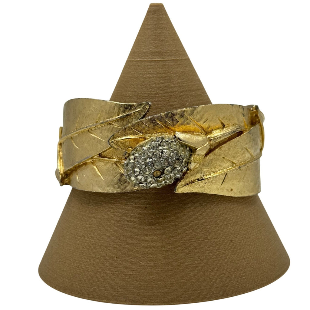 Statement BSK Gold-Tone Leaf Hinged Bracelet Rhinestone Accents Vintage READ