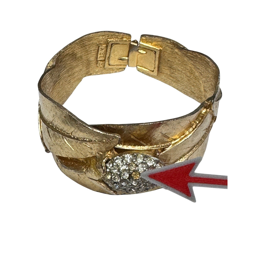 Statement BSK Gold-Tone Leaf Hinged Bracelet Rhinestone Accents Vintage READ