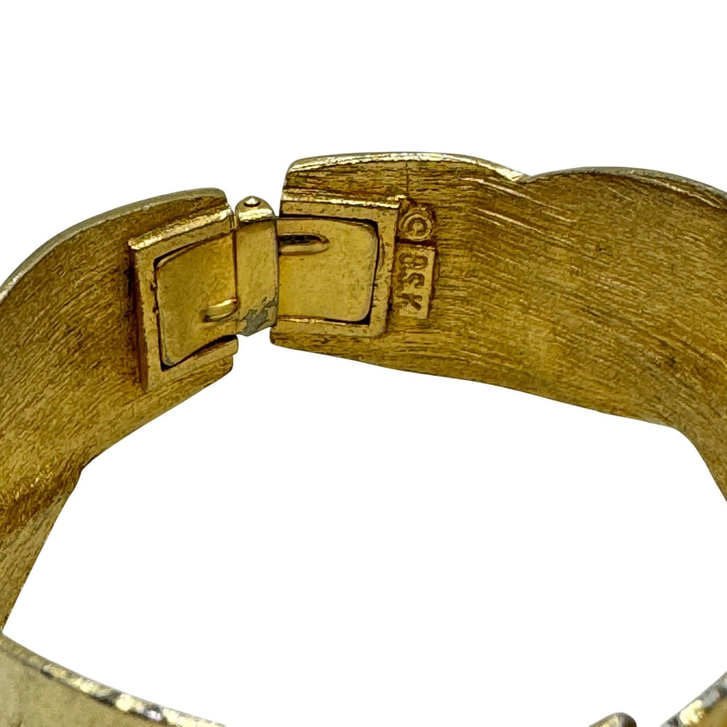 Statement BSK Gold-Tone Leaf Hinged Bracelet Rhinestone Accents Vintage READ
