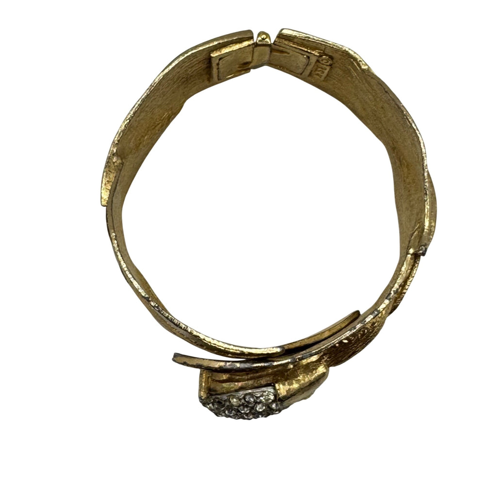 Statement BSK Gold-Tone Leaf Hinged Bracelet Rhinestone Accents Vintage READ
