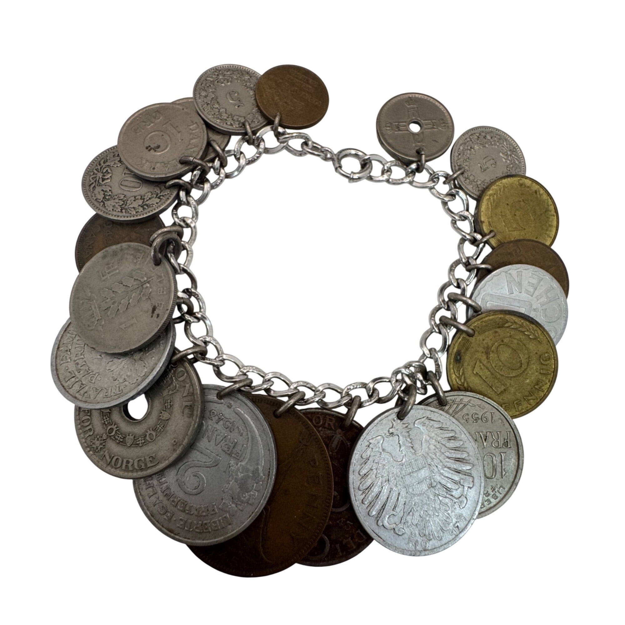 Vintage Sterling Silver Coin Charm Bracelet Assorted Foreign Coins 6.75" 80g