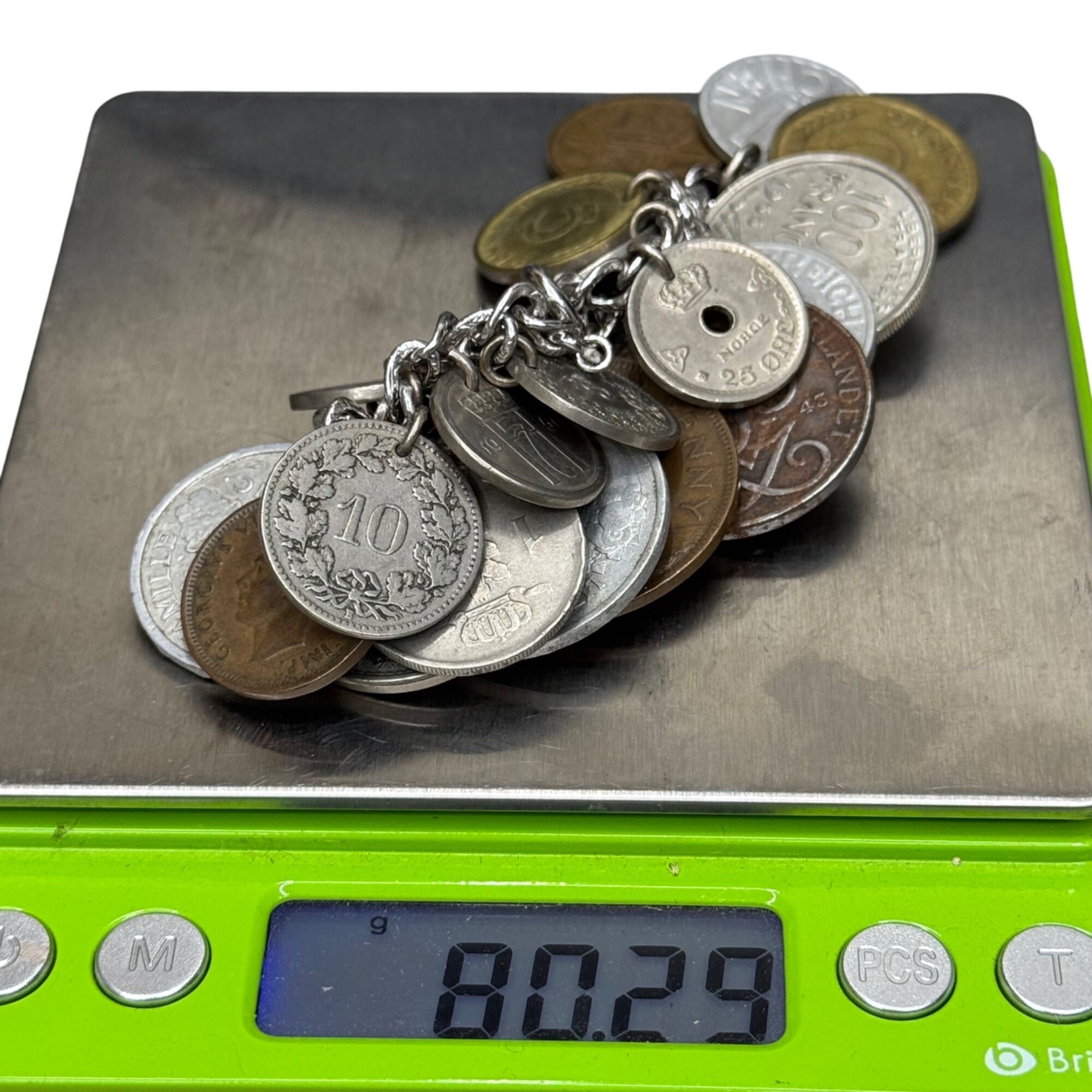 Vintage Sterling Silver Coin Charm Bracelet Assorted Foreign Coins 6.75" 80g