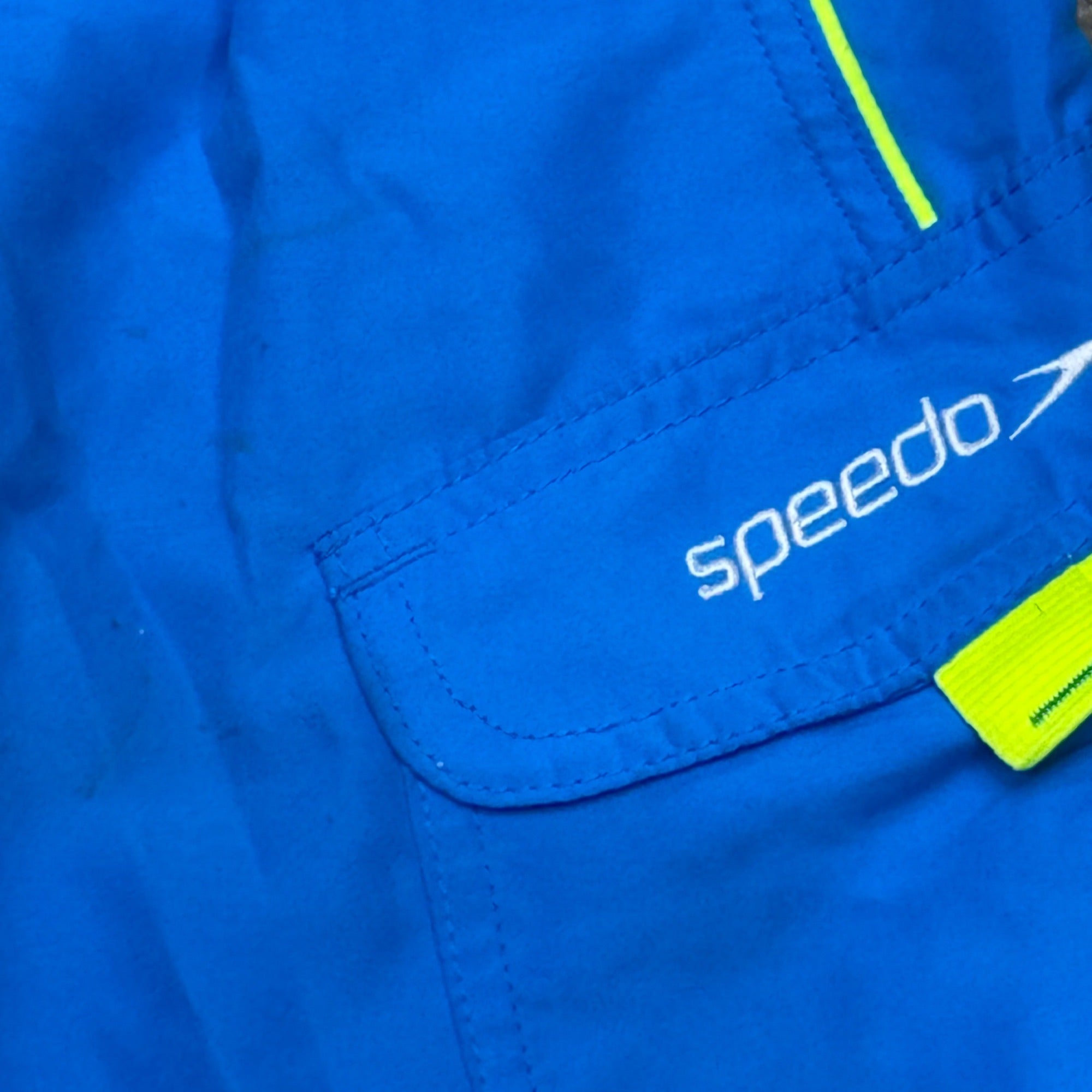 Speedo Mens Blue & Neon Green Swim Trunks M With Pockets & Drawstring Shorts