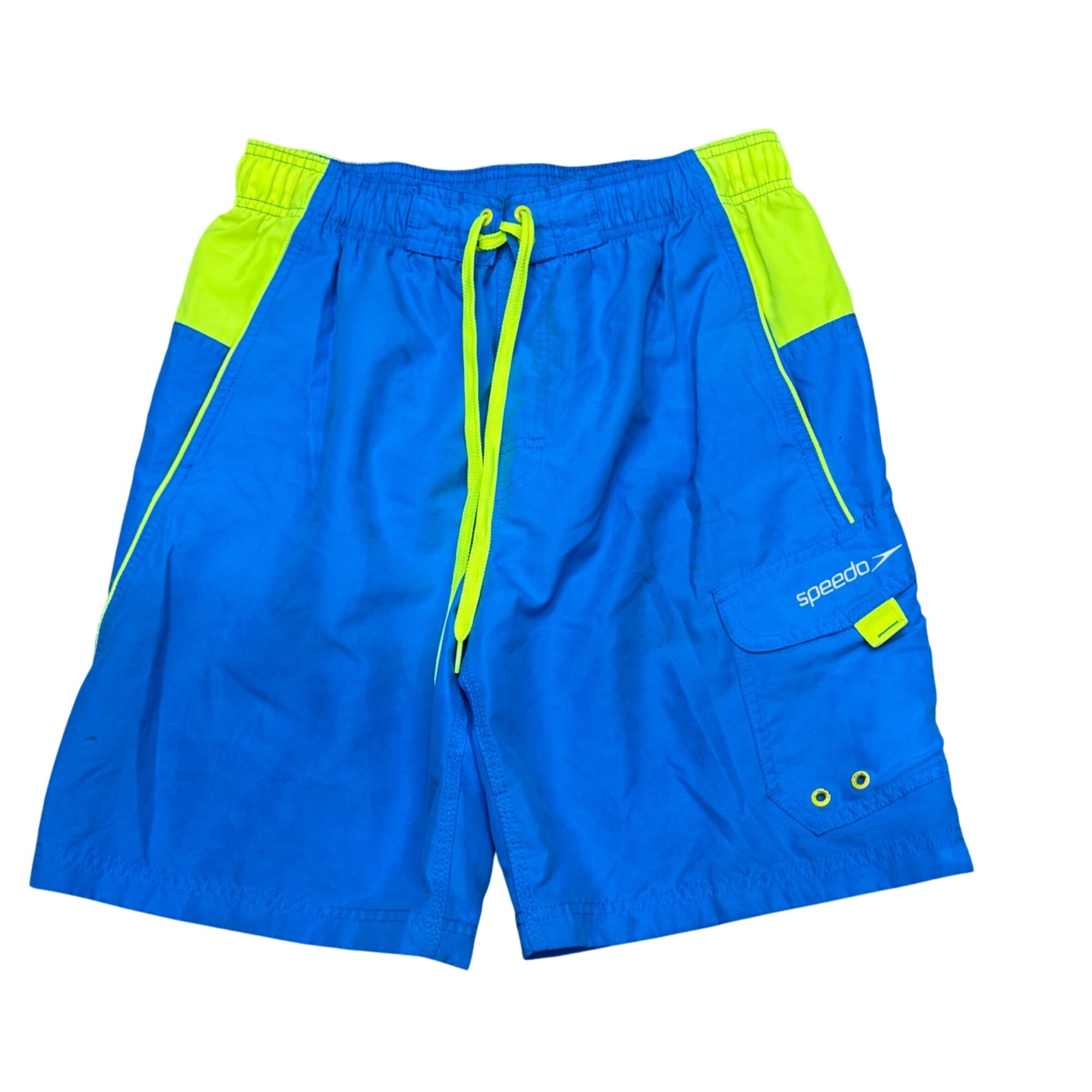 Speedo Mens Blue & Neon Green Swim Trunks M With Pockets & Drawstring Shorts