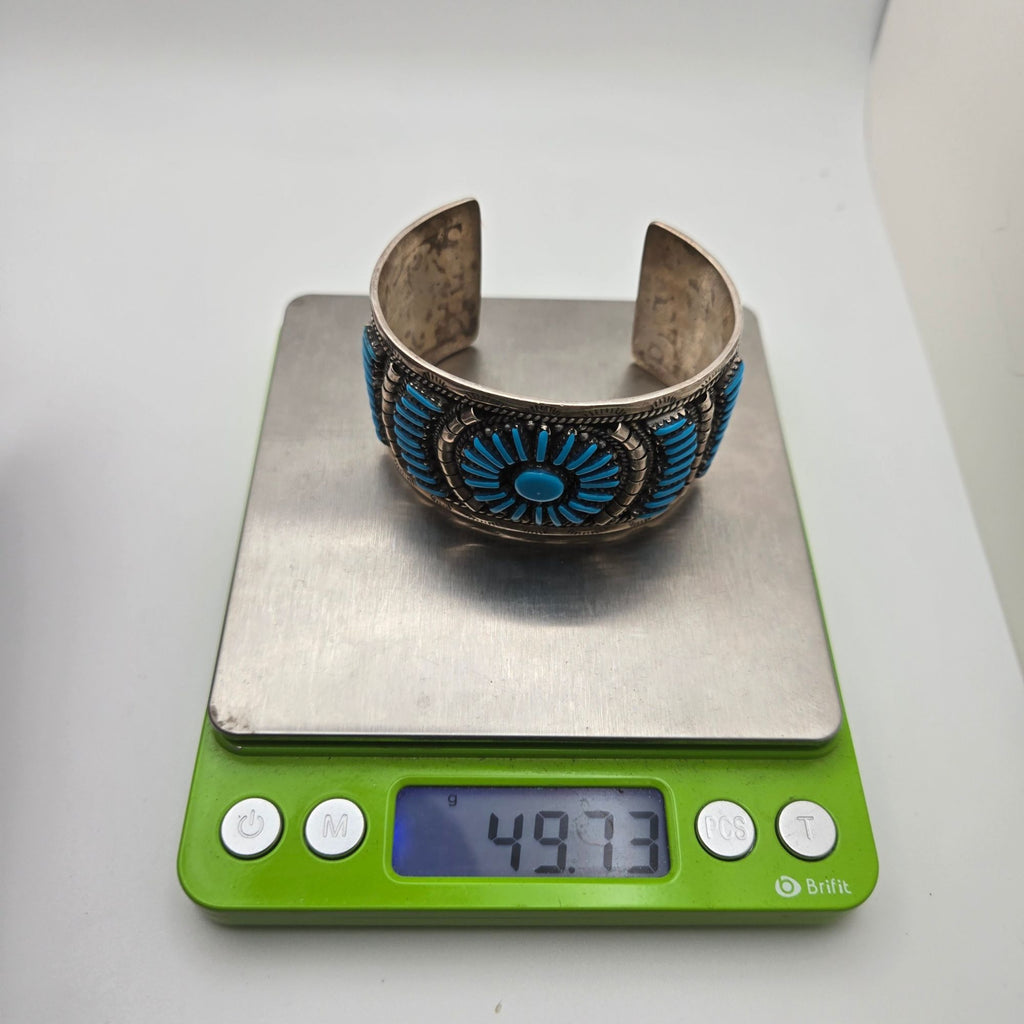 Vintage Zuni Petit Point Sterling Silver Cuff Bracelet Turquoise & Engraved 50g