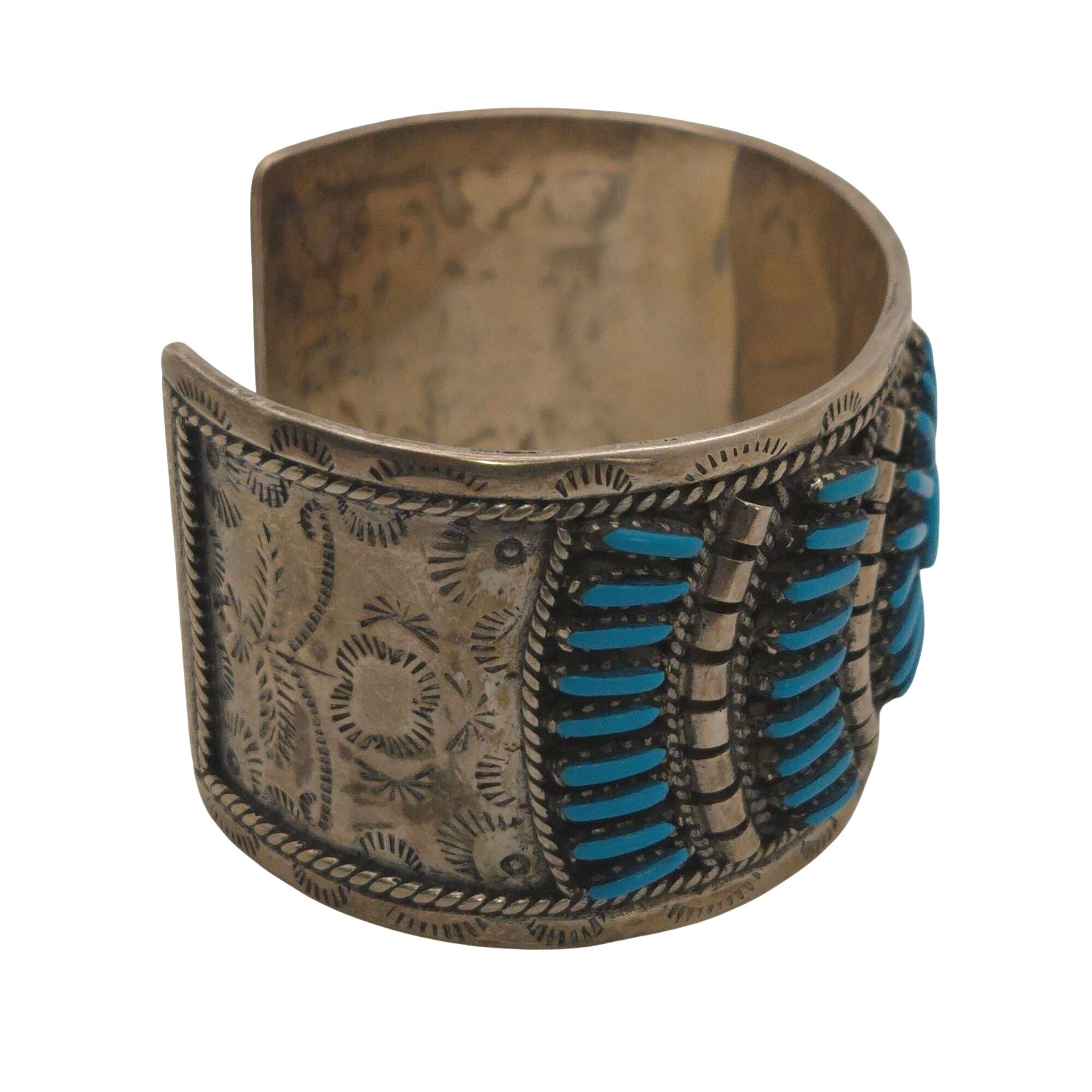 Vintage Zuni Petit Point Sterling Silver Cuff Bracelet Turquoise & Engraved 50g