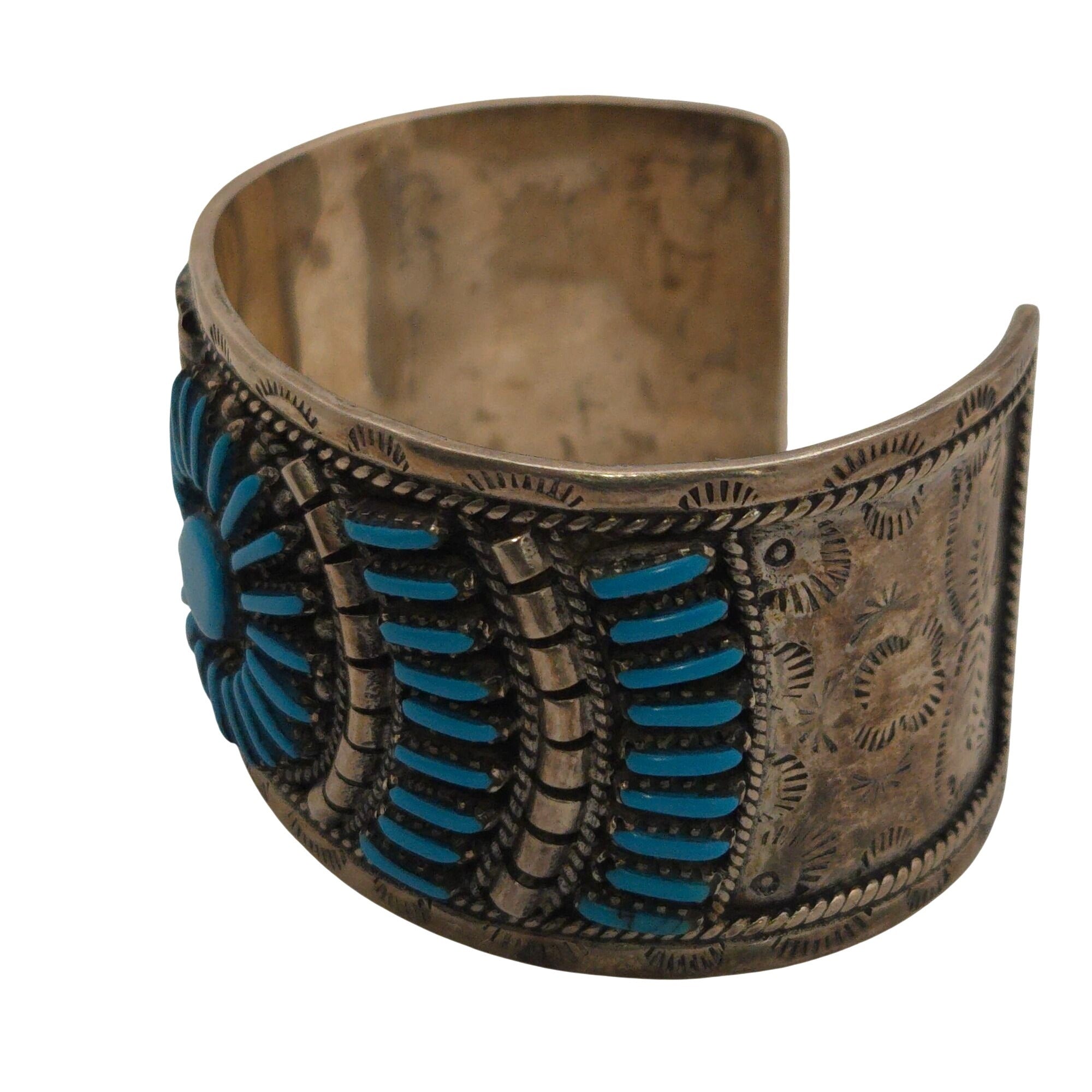 Vintage Zuni Petit Point Sterling Silver Cuff Bracelet Turquoise & Engraved 50g