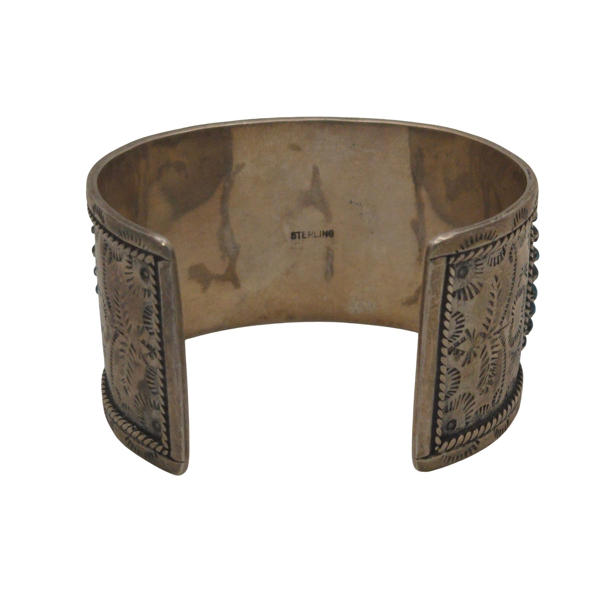 Vintage Zuni Petit Point Sterling Silver Cuff Bracelet Turquoise & Engraved 50g