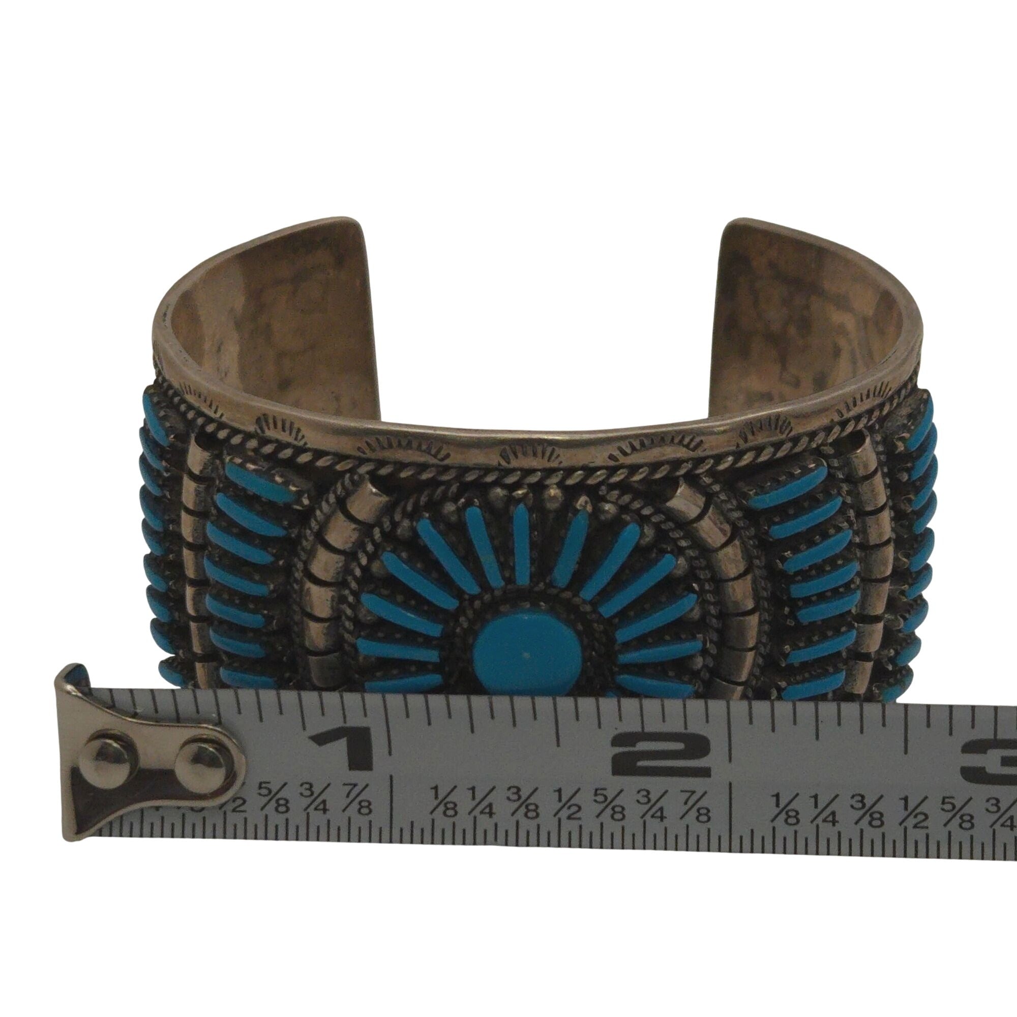Vintage Zuni Petit Point Sterling Silver Cuff Bracelet Turquoise & Engraved 50g