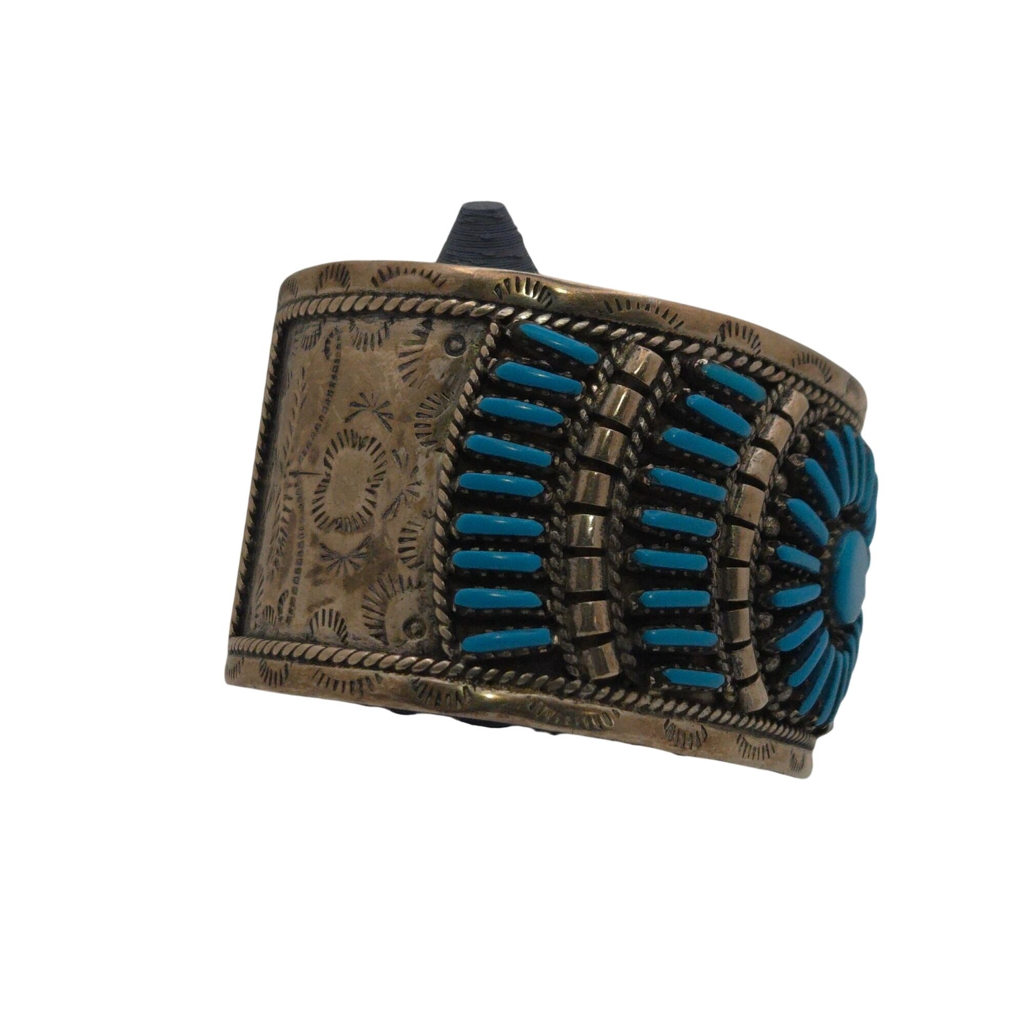Vintage Zuni Petit Point Sterling Silver Cuff Bracelet Turquoise & Engraved 50g