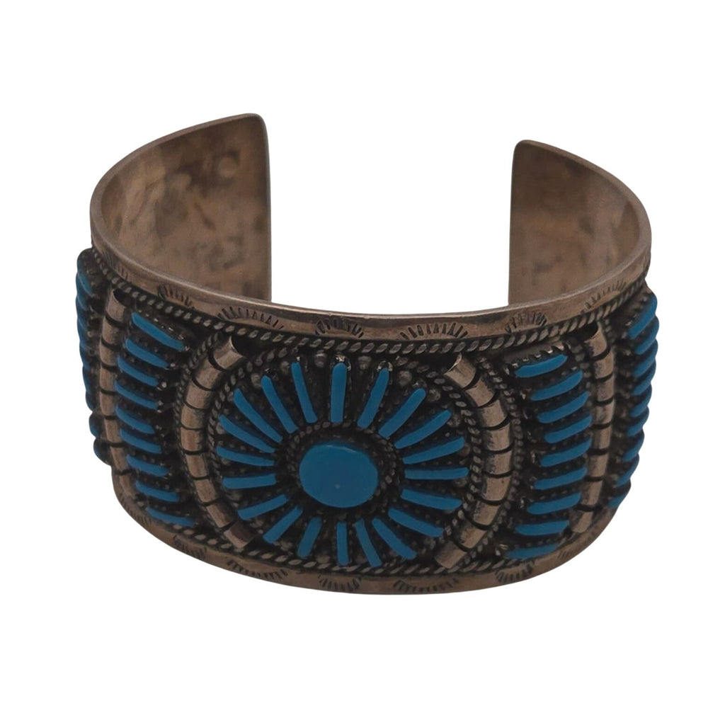 Vintage Zuni Petit Point Sterling Silver Cuff Bracelet Turquoise & Engraved 50g