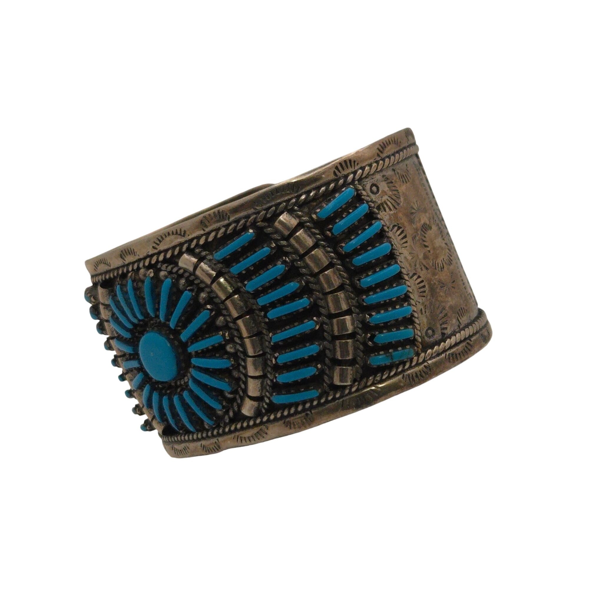 Vintage Zuni Petit Point Sterling Silver Cuff Bracelet Turquoise & Engraved 50g