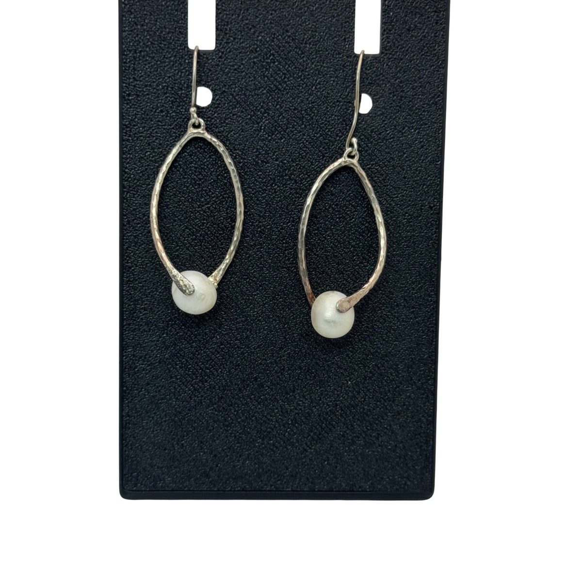 Hammered Artisan Sterling Pearl Drop Earrings White Minimalist Lightweight 1.5"