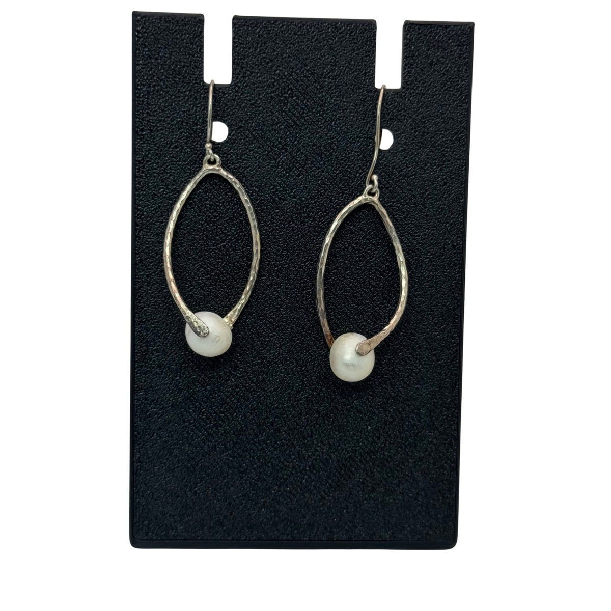 Hammered Artisan Sterling Pearl Drop Earrings White Minimalist Lightweight 1.5"