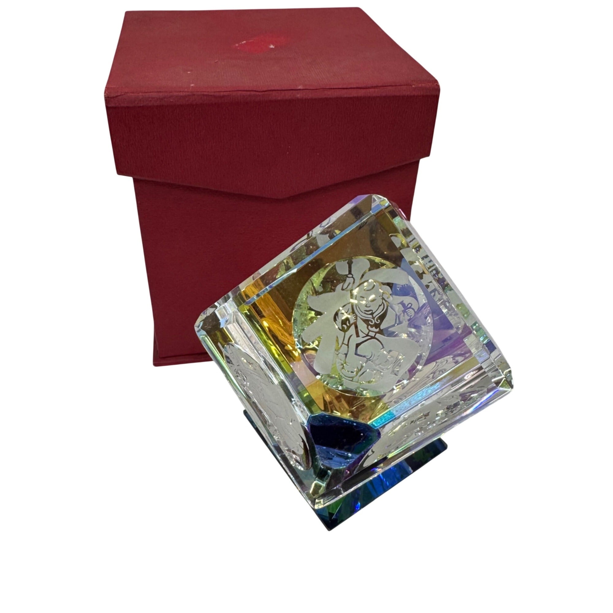 Vintage 3D Crystal Cube Laser Etched Colorful Base Warrior Design 3.5" Gift Box