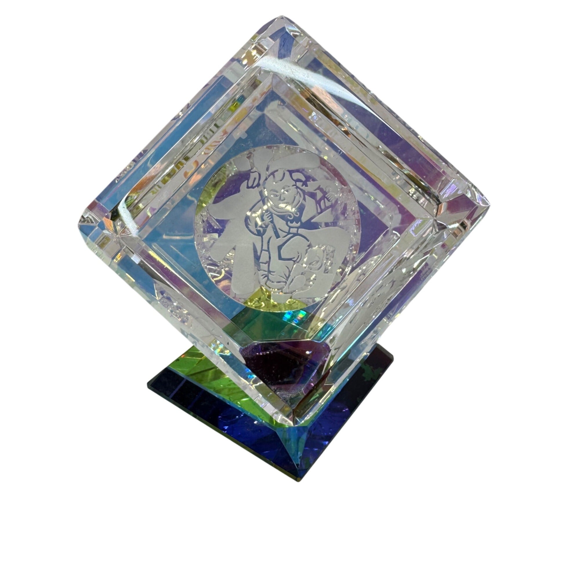 Vintage 3D Crystal Cube Laser Etched Colorful Base Warrior Design 3.5" Gift Box